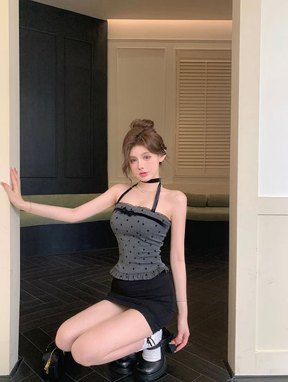 Halter-Neck Dotted Bow Ruffle Trim Top