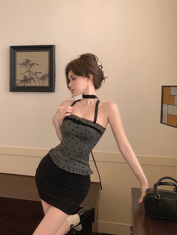 Halter-Neck Dotted Bow Ruffle Trim Top