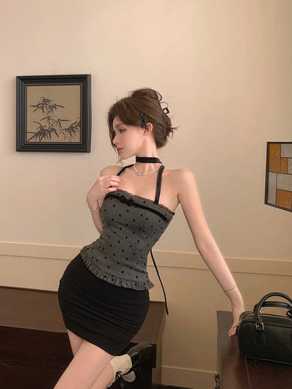 Halter-Neck Dotted Bow Ruffle Trim Top