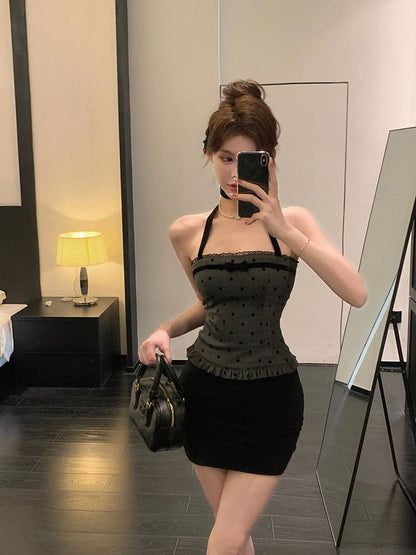 Halter-Neck Dotted Bow Ruffle Trim Top