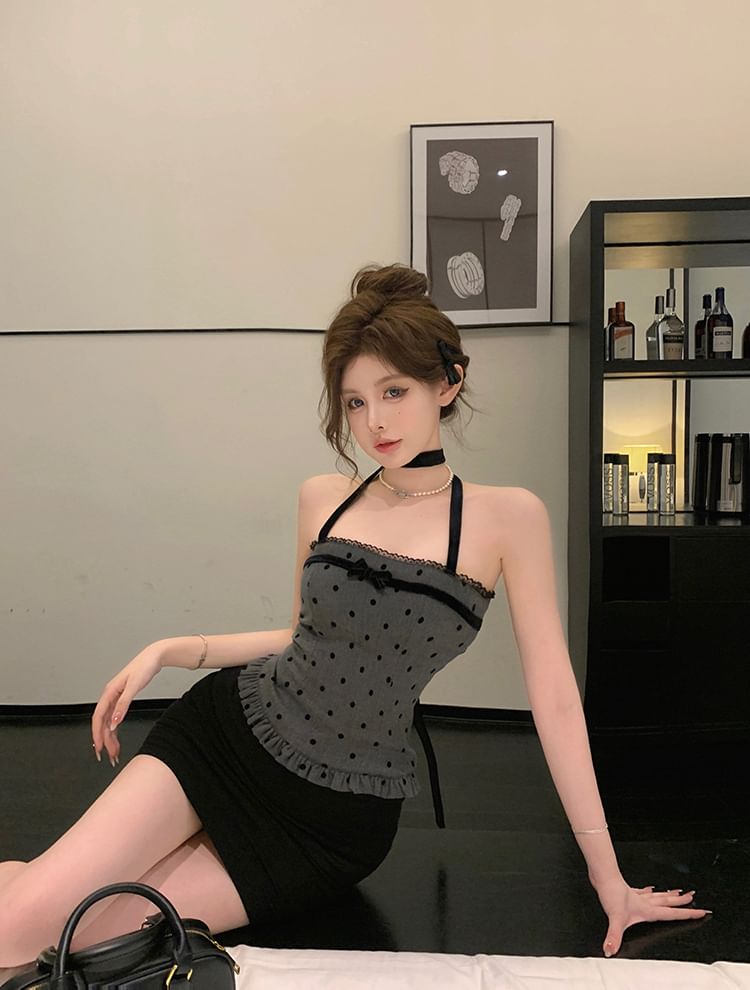 Halter-Neck Dotted Bow Ruffle Trim Top