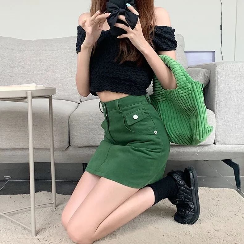 High Waist Plain Denim Mini A-Line Skirt