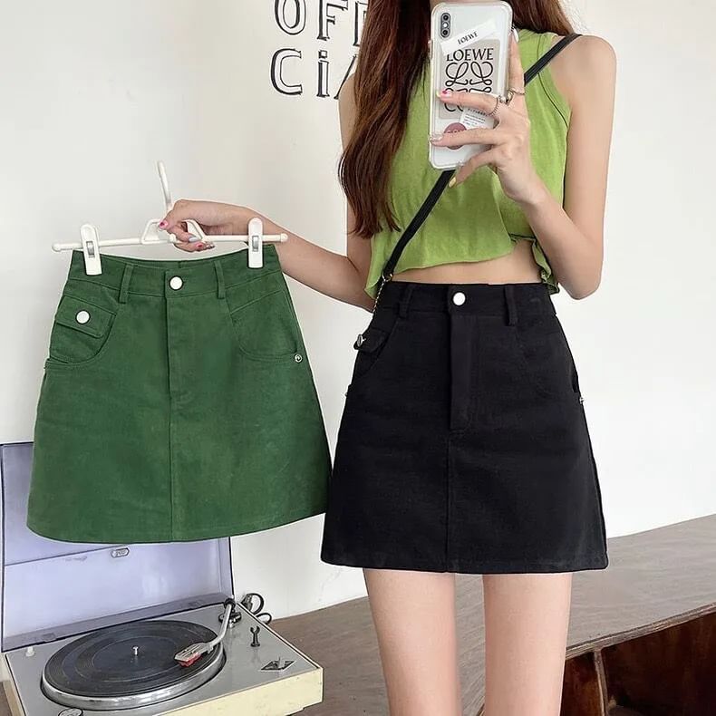 High Waist Plain Denim Mini A-Line Skirt