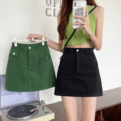 High Waist Plain Denim Mini A-Line Skirt