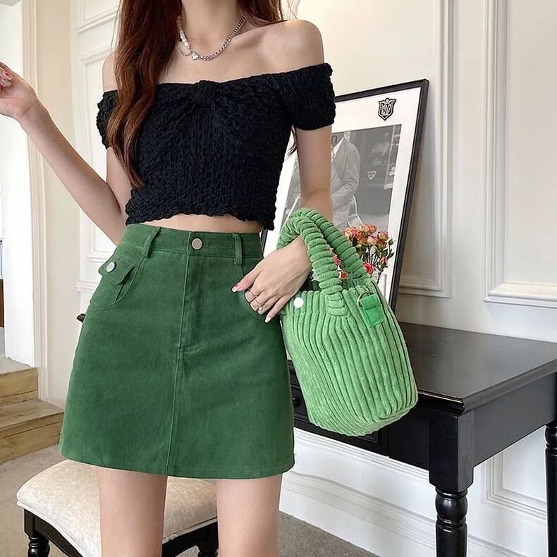 High Waist Plain Denim Mini A-Line Skirt