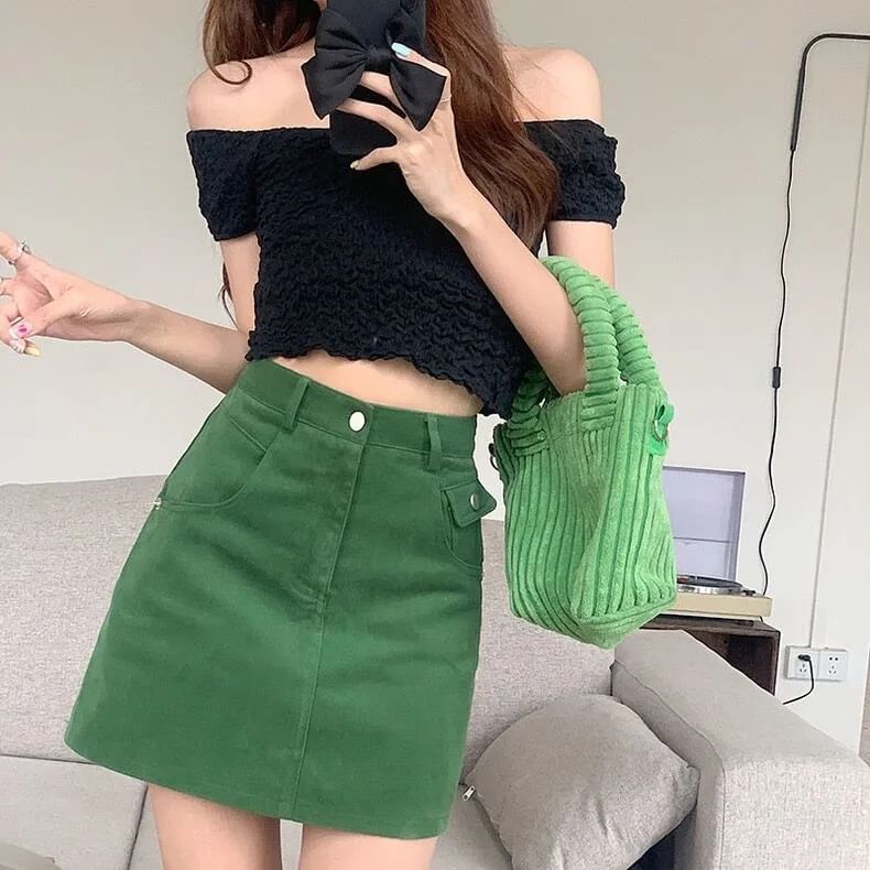 High Waist Plain Denim Mini A-Line Skirt