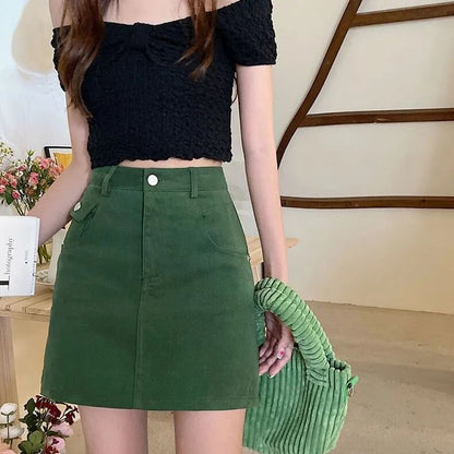 High Waist Plain Denim Mini A-Line Skirt