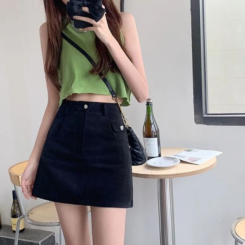 High Waist Plain Denim Mini A-Line Skirt