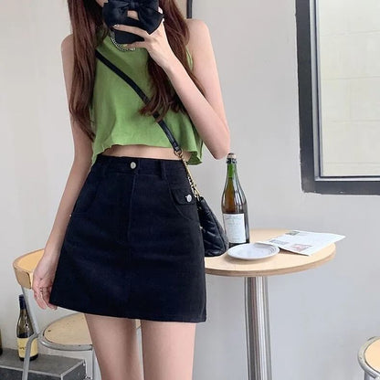 High Waist Plain Denim Mini A-Line Skirt