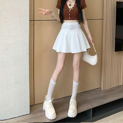 Waist High Undershorts Set Skirt A-line Belt Plain Mini / Pleated