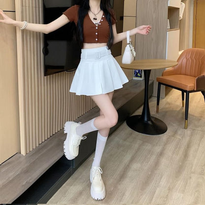Waist High Undershorts Set Skirt A-line Belt Plain Mini / Pleated