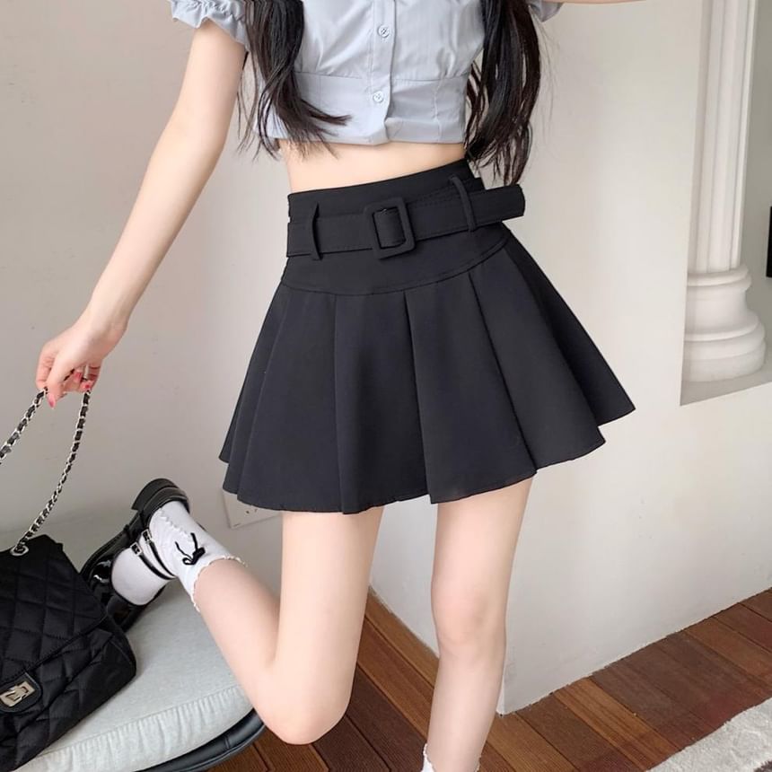 Waist High Undershorts Set Skirt A-line Belt Plain Mini / Pleated