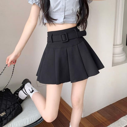 Waist High Undershorts Set Skirt A-line Belt Plain Mini / Pleated