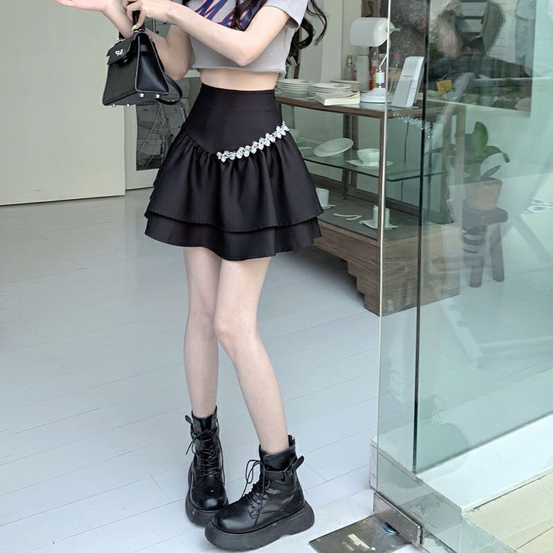 Rhinestone A-Line Skirt Mini High Rise Plain