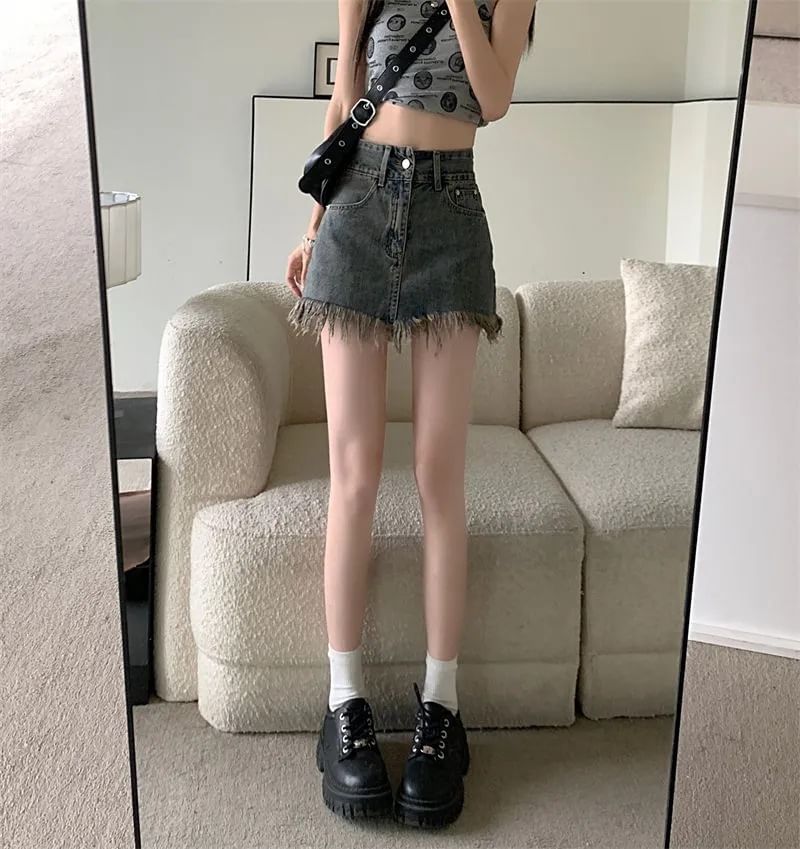 Hem Pencil High Fringed Waist Skirt Denim Mini
