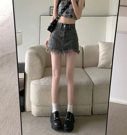 Hem Pencil High Fringed Waist Skirt Denim Mini