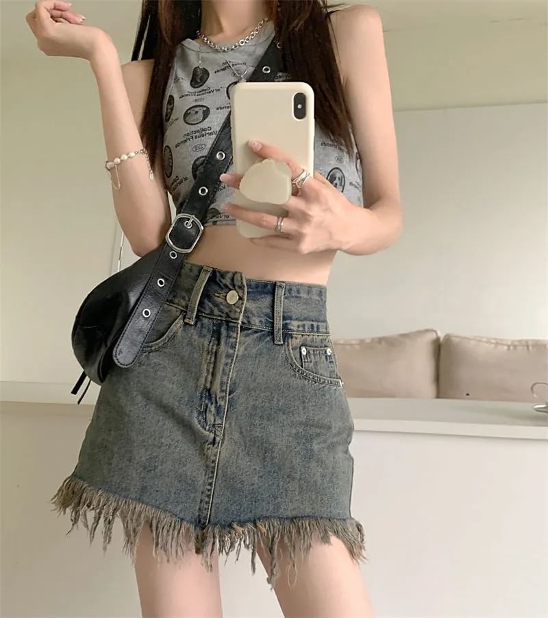 Hem Pencil High Fringed Waist Skirt Denim Mini