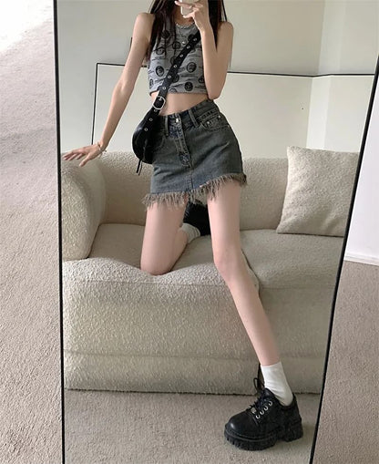 Hem Pencil High Fringed Waist Skirt Denim Mini