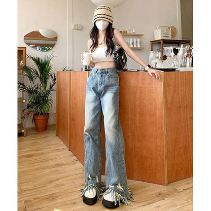 High Waist Ripped Wide Leg Jeans