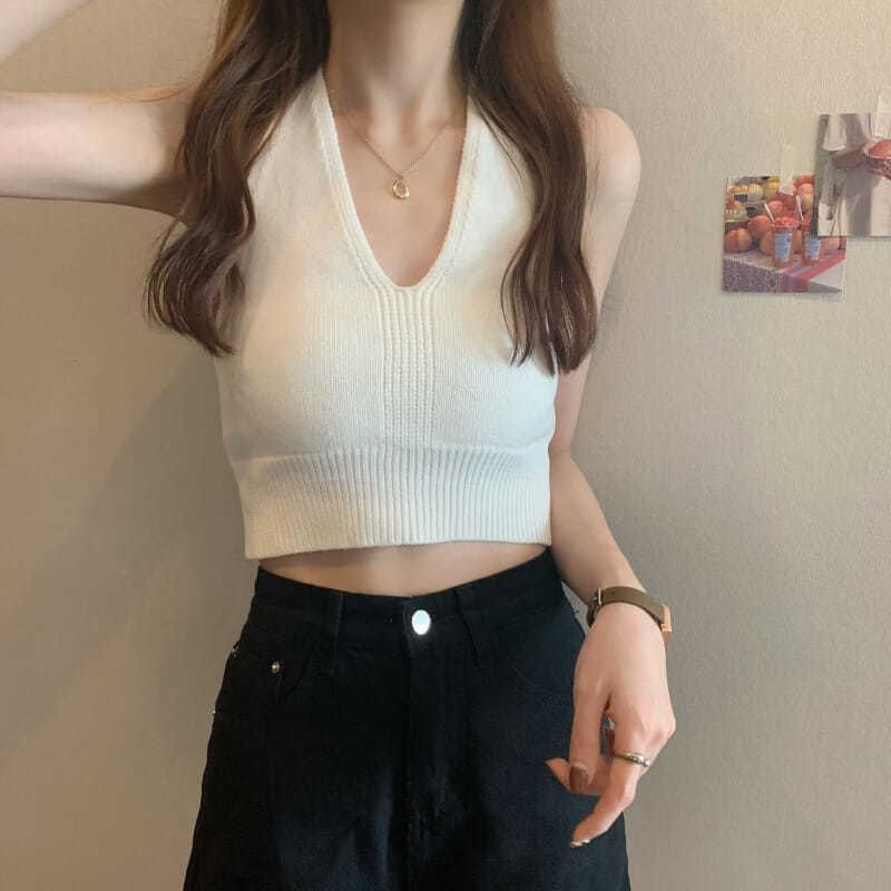 V-Neck Plain Knit Cropped Halter Top