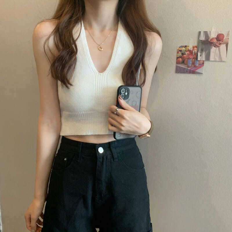 V-Neck Plain Knit Cropped Halter Top