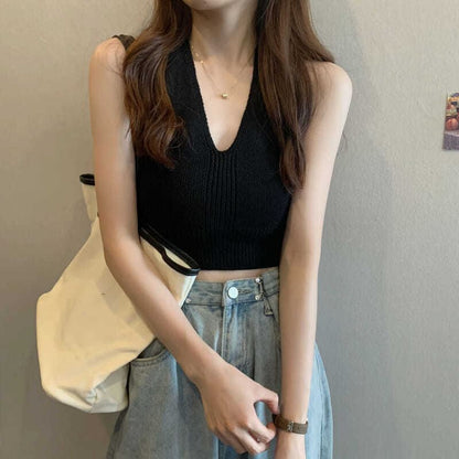 V-Neck Plain Knit Cropped Halter Top