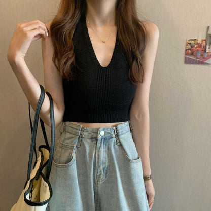 V-Neck Plain Knit Cropped Halter Top