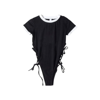 Top Neck Bodysuit Crew Lace-Up Plain Short-Sleeve