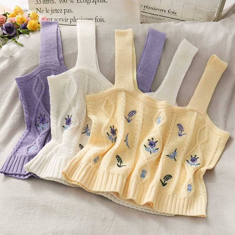 Flower Embroidered Knit Cropped Camisole Top