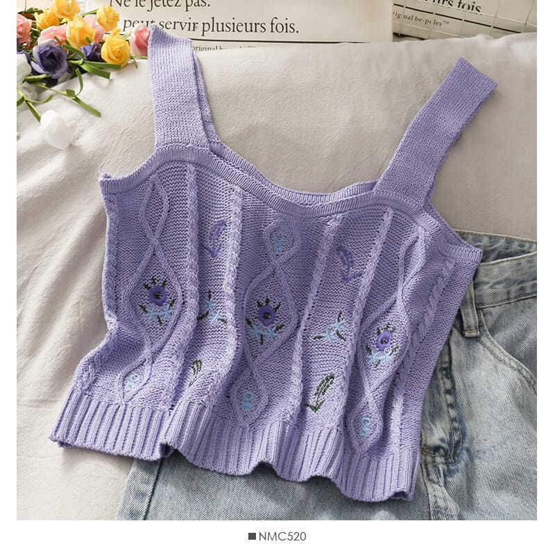 Flower Embroidered Knit Cropped Camisole Top