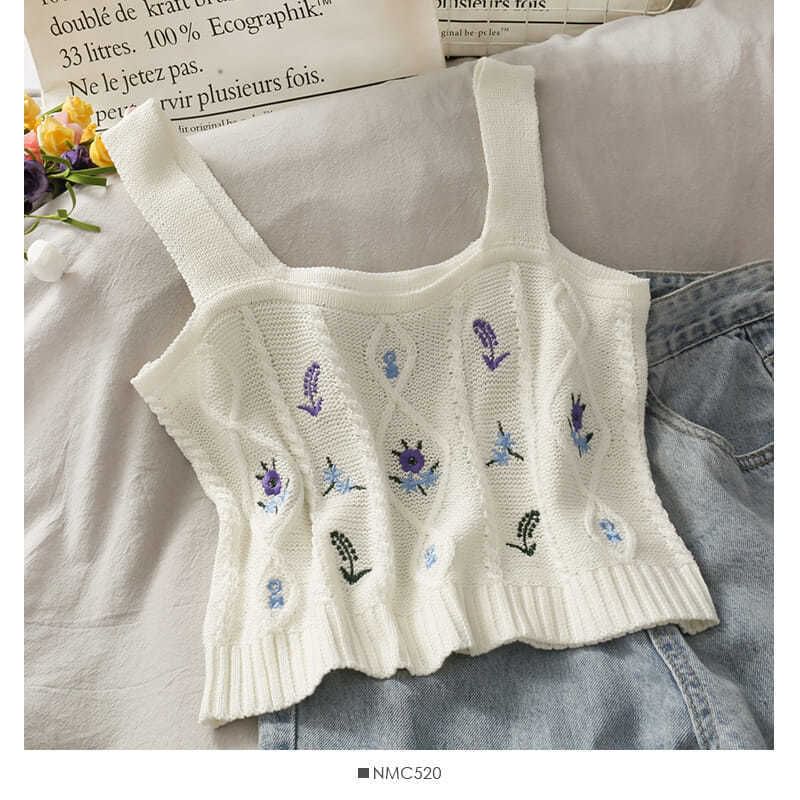 Flower Embroidered Knit Cropped Camisole Top