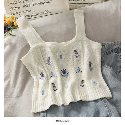 Flower Embroidered Knit Cropped Camisole Top