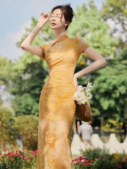 Short-Sleeve Floral Print Cutout Ruched Slit Mesh Midi Sheath Qipao