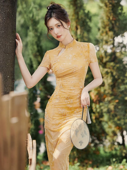 Short-Sleeve Floral Print Cutout Ruched Slit Mesh Midi Sheath Qipao