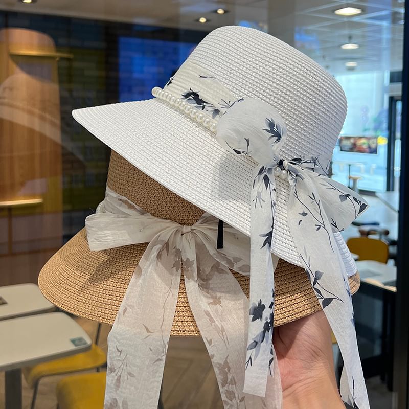 Bow Faux Pearl Straw Bucket Hat