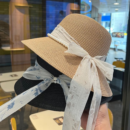 Bow Faux Pearl Straw Bucket Hat