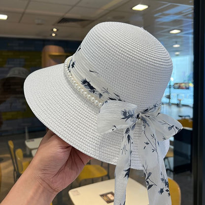 Bow Faux Pearl Straw Bucket Hat