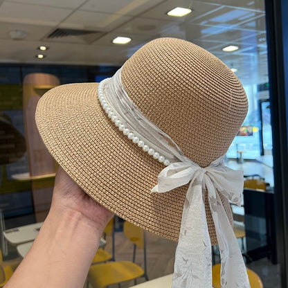 Bow Faux Pearl Straw Bucket Hat