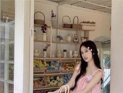 Spaghetti Strap Plain Flower Detail Maxi Sundress