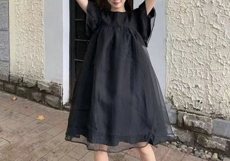 Short-Sleeve Plain Mesh Panel Smock Dress