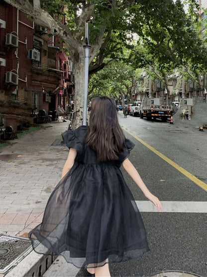 Short-Sleeve Plain Mesh Panel Smock Dress