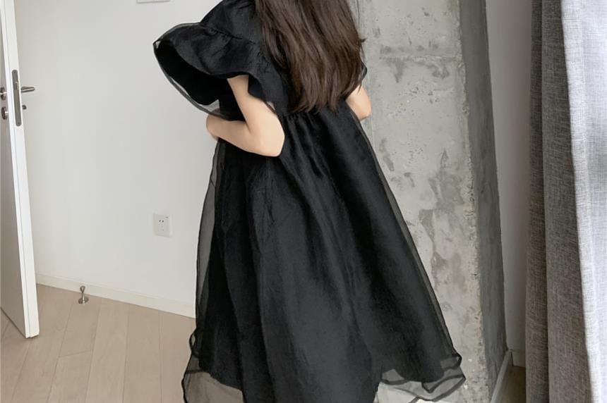Short-Sleeve Plain Mesh Panel Smock Dress