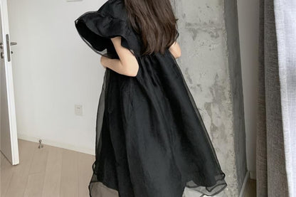 Short-Sleeve Plain Mesh Panel Smock Dress