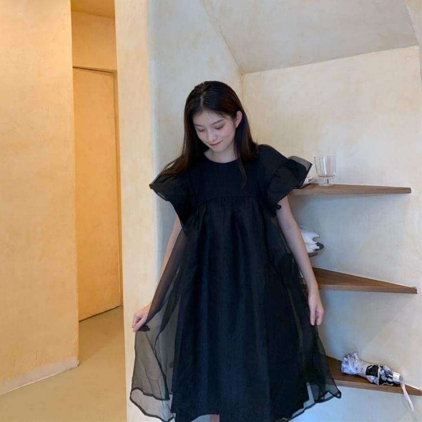 Short-Sleeve Plain Mesh Panel Smock Dress