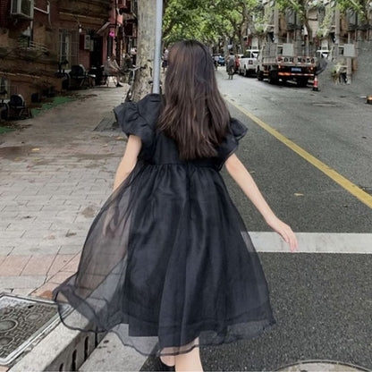 Short-Sleeve Plain Mesh Panel Smock Dress
