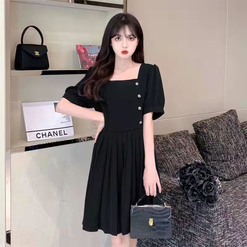 Puff-Sleeve Square Neck Plain A-Line Dress