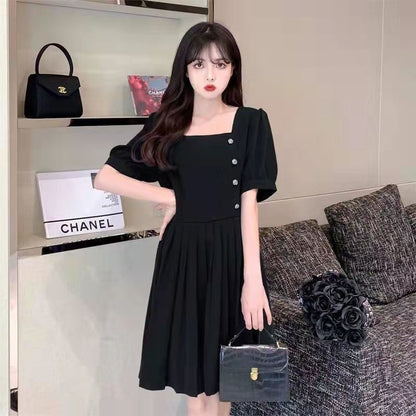 Puff-Sleeve Square Neck Plain A-Line Dress