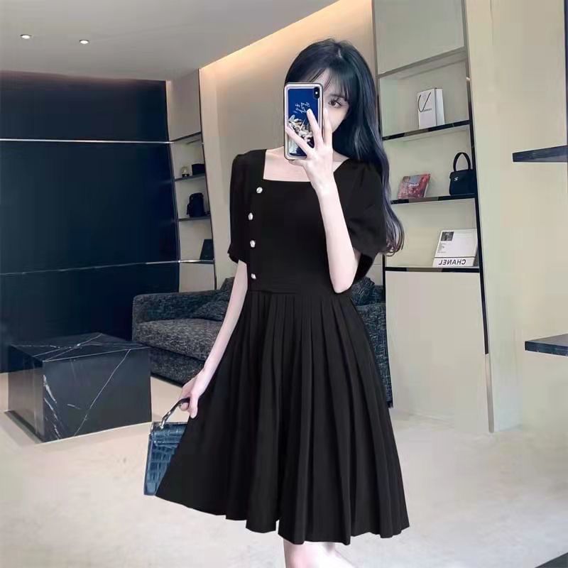 Puff-Sleeve Square Neck Plain A-Line Dress