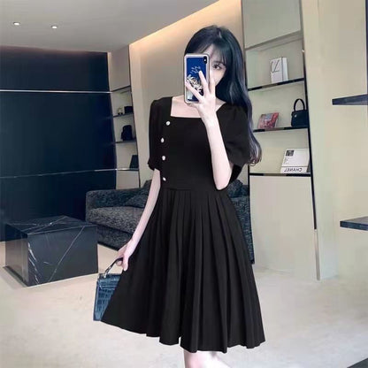 Puff-Sleeve Square Neck Plain A-Line Dress
