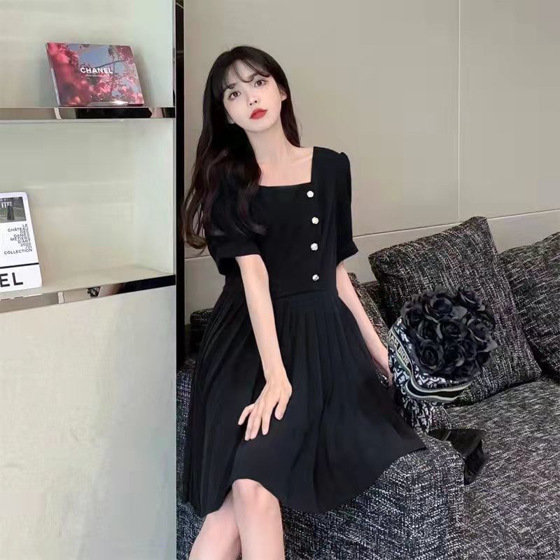 Puff-Sleeve Square Neck Plain A-Line Dress